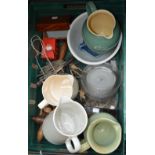 A small collection of kitchenalia including a rolling pin and several jugs, etc.