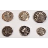 Six Ancient Greek silver coins, comprising Didrachm, 4x Tetrobol and a Hemidrachm, various dates.