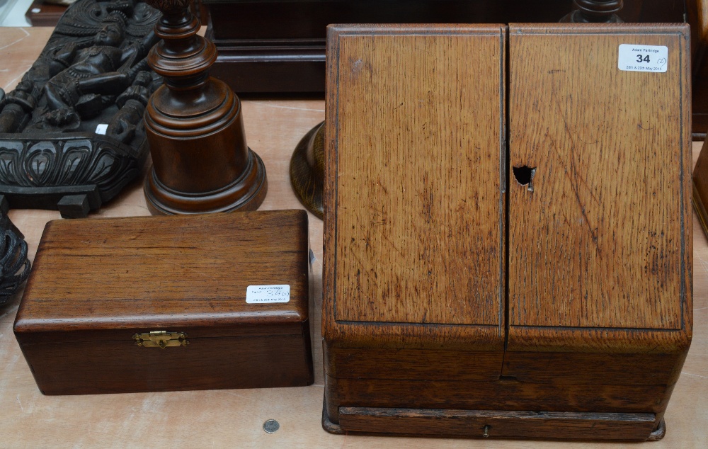 An early 20th century oak stationery box (lacking interior), and a rectangular trinket box (2).