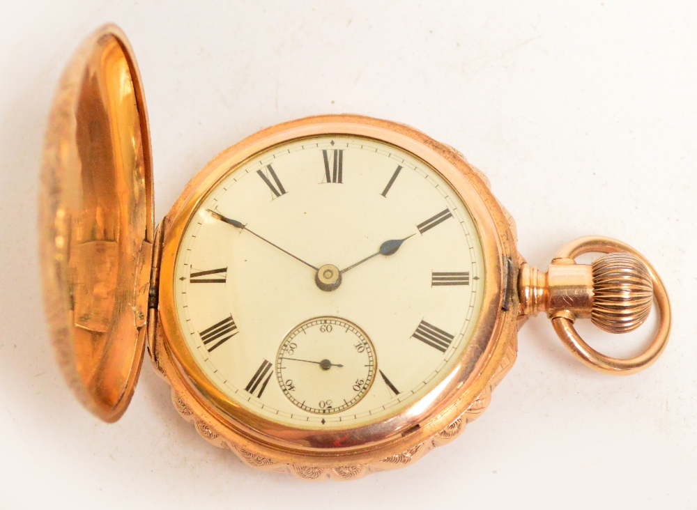 A late 19th century gold plated full hunter crown wind pocket watch with engraved case,