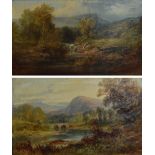 L LYONS; a pair of oils on canvas, mountainous river landscapes, both signed, 30 x 50cm,