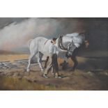 20TH CENTURY ENGLISH SCHOOL; oil on canvas, landscape with  figure beside two horses, unsigned, 50.