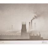 After TREVOR GRIMSHAW; a signed limited edition black and white print, "Church and Chimneys", no.