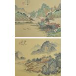 A pair of early 20th century Japanese watercolours on silk, mountainous landscape scenes, 26 x 35cm,