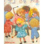 SUE ATKINSON (born 1949); oil on board, study of children playing, signed, 30 x 25cm,