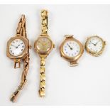 A small collection of lady's gold watches comprising a 9ct rose gold cased manual wind watch with