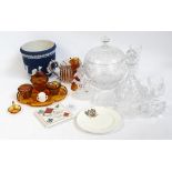 A mixed collection of decorative ceramics and glass including an Adams jasper dip jardiniere,
