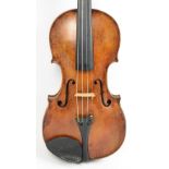 SCHOOL OF KLOTZ; a full size German violin with two-piece back, unlabelled, length of back 36.2cm,