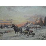 In the manner of WYWIORSKI; oil on canvas, winter landscape with figure in horse drawn sled,