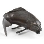 A Japanese Meiji period large well detailed bronze model of a carp, modelled with open mouth, gilt