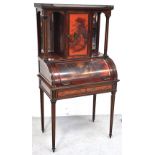 A late 19th century mahogany Vernis Martin style roll top bureau/cabinet,