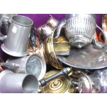 A quantity of metalware to include a copper kettles, salvers, pewter tankards, brassware etc.