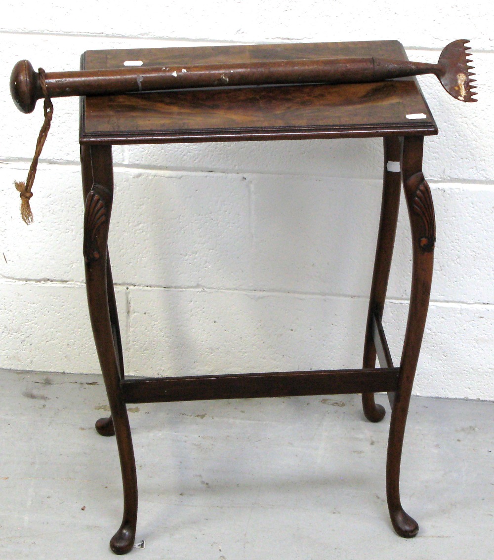 A small walnut side table on cabriole legs and a Victorian carpet stretcher (2).