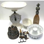 A collectors lot of kitchenalia to include Slater scales, bottle stoppers,