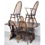 An Ercol dining table and six matching chairs (5+1), length 153cm.