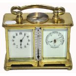 An early 20th century brass weather station carriage clock, inset compass to top,