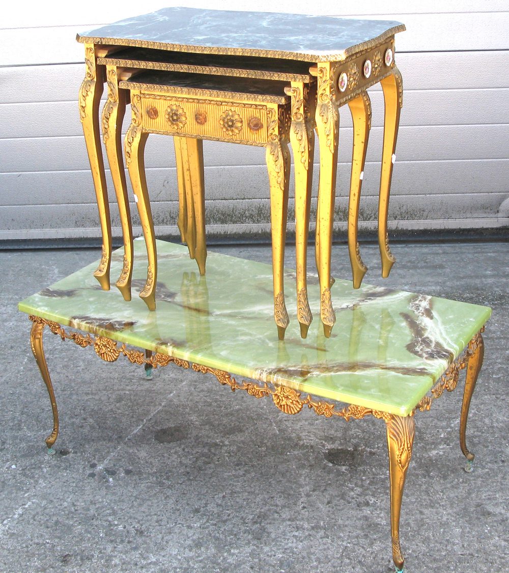 An onyx and metal occasional table and a nest of three wood and gilded tables (4).