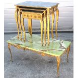 An onyx and metal occasional table and a nest of three wood and gilded tables (4).