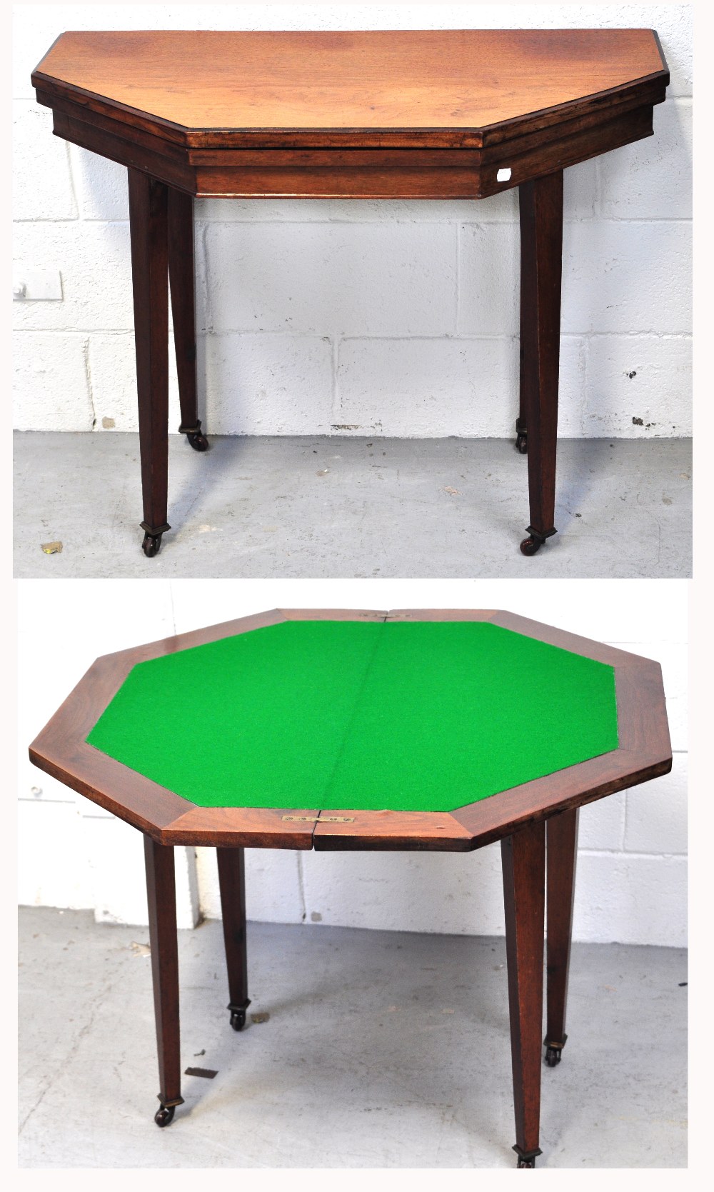 An early 20th century oak octagonal fold over card table,