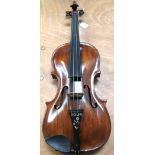 A cased violin and bow with mother of pearl decoration,