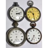 Four open face white metal pocket watches to include a Waltham U.S.