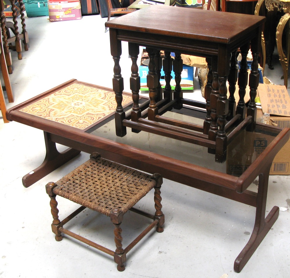 A 1970's vintage tile and glass top coffee table length 121cm, a nest of three tables,