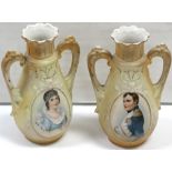 Two late 19th century Continental blush ivory twin handled vases, depicting the "Emperor Napoleon"