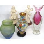 A small collectors Lot comprising a cloisonné vase, a Loetz style glass vase,