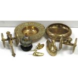 A small quantity of brassware mainly Oriental to include a small cloisonné vase with wooden base