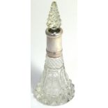 A cut glass perfume bottle with a hallmarked silver collar, marks rubbed, height 20cm.