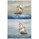 BAILLIE; a pair of oil on boards depicting three masted sailing ships at sea, signed lower right,