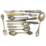 Five hallmarked silver teaspoons, a silver spoon, silver handle glove stretchers,