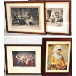 Two large mahogany framed engravings, a print of a young girl and a print of wine tasters (4).