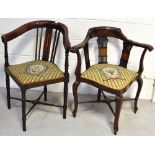 A pair of Edwardian mahogany inlaid corner chairs with lyre decoration to back (2).