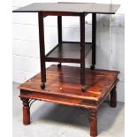 A mahogany tea trolley on castors and a modern coffee table (2).