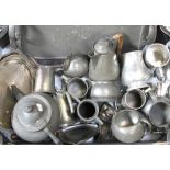 A box of metalware to include pewter trays and pots, drinking cups, tea pots etc.