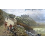 UNATTRIBUTED; oil on canvas, a naive depiction of Harlech castle with figures in the foreground,