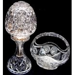 A crystal mushroom shape table lamp, height 42cm and a large crystal basket (2). CONDITION REPORT