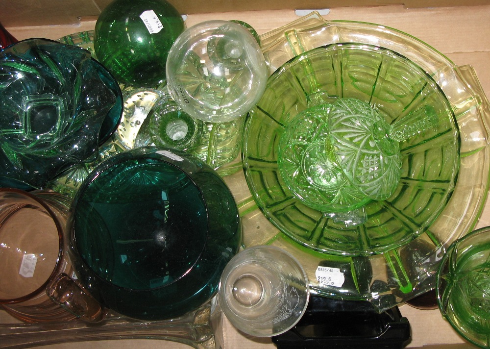 A quantity of coloured and white pressed glass to include dressing table sets, bowls, jugs etc.