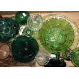 A quantity of coloured and white pressed glass to include dressing table sets, bowls, jugs etc.