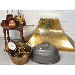 A quantity of metalware to include copper measures, a brass spirit kettle,