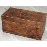 A late 19th century walnut tea caddy of rectangular form with glass mixing bowl and a hallmarked