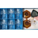 A small quantity of glass to include a boxed set of six glasses, candle holders, vases etc.