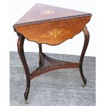 An Edwardian inlaid drop leaf corner table, lower shelf with gallery sides on cabriole legs and