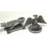 Two chrome and steel car radiator mascots, one in the form of an eagle, the other an alligator (2).