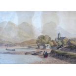 UNATTRIBUTED; a watercolour of a tranquil lakeside scene with figures in the foreground, 24 x 32cm,