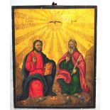 A Greek icon depicting Jesus and St Peter, gilt background with cherubic figures below,