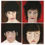 CHRISSIE; four oil on canvas depicting the Beatles, John, Paul, George and Ringo signed lower right,