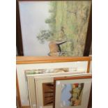 A collection of watercolours, prints and tapestries.