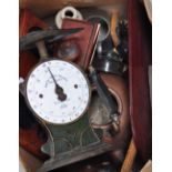 A mixed lot to include a Salters postal balance scale, copper kettle, desk writing set,